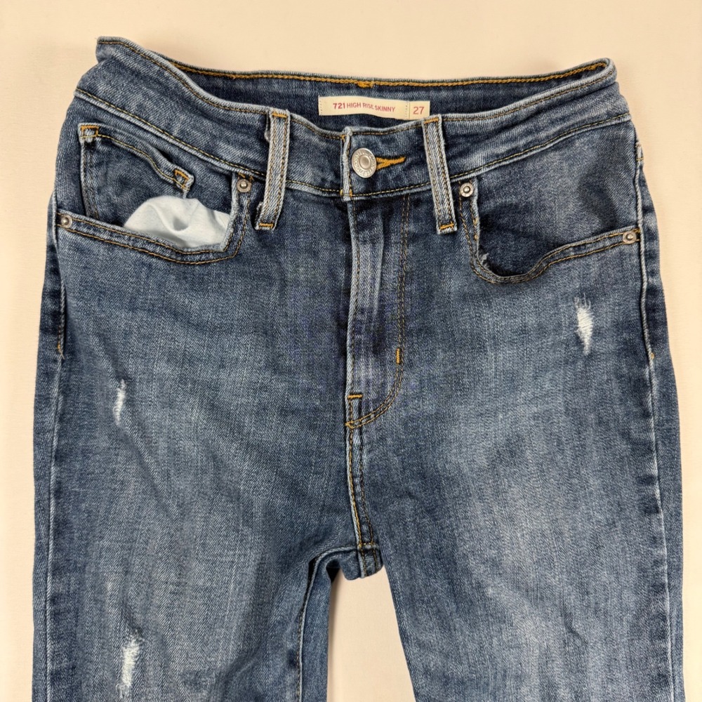 Levis 721 High Rise Skinny Jeans Womens 27 Medium Wash Distressed Ripped Blue